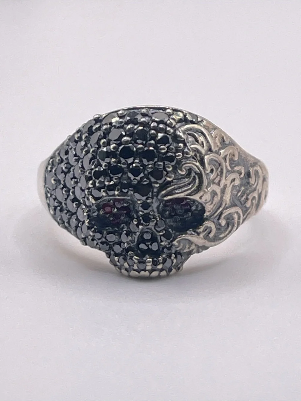 David Yurman Sterling Silver Skull Ring with Black Diamonds and Rubies
